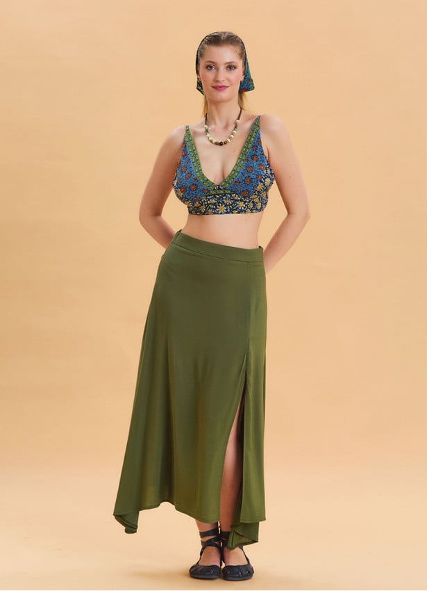 Khaki Asymmetrical Skirt with Zipper Detail and Slit 4639
